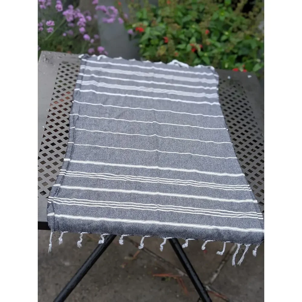 Set of 2 Gray White Striped Tassel Hand Towels